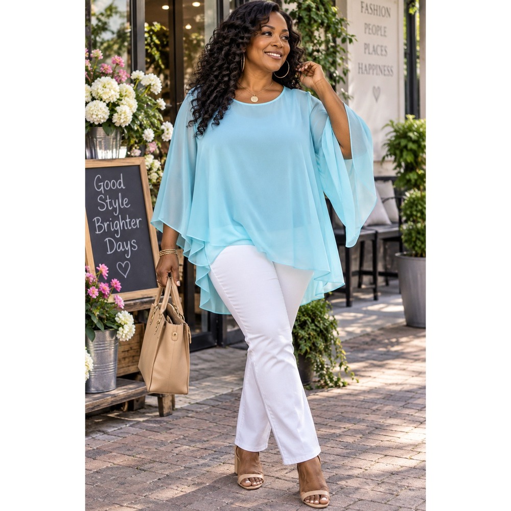 Chicos Light Blue Asymmetrical Sheer Overlay Blouse Size 3 XL Flowy Bell Sleeve